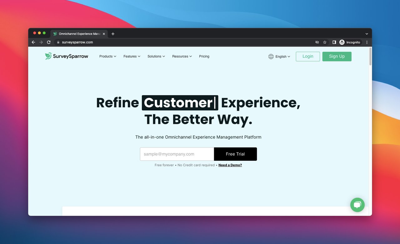 SurveySparrow ana sayfasının ekran görüntüsü, bu bir web sitesi geri bildirim aracıdır