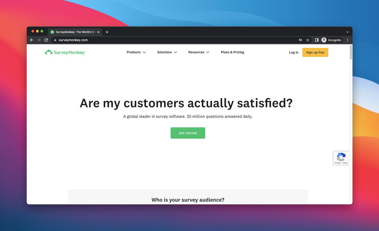 SurveyMonkey ana sayfa ekran görüntüsü, müşteri geri bildirim yazılımı