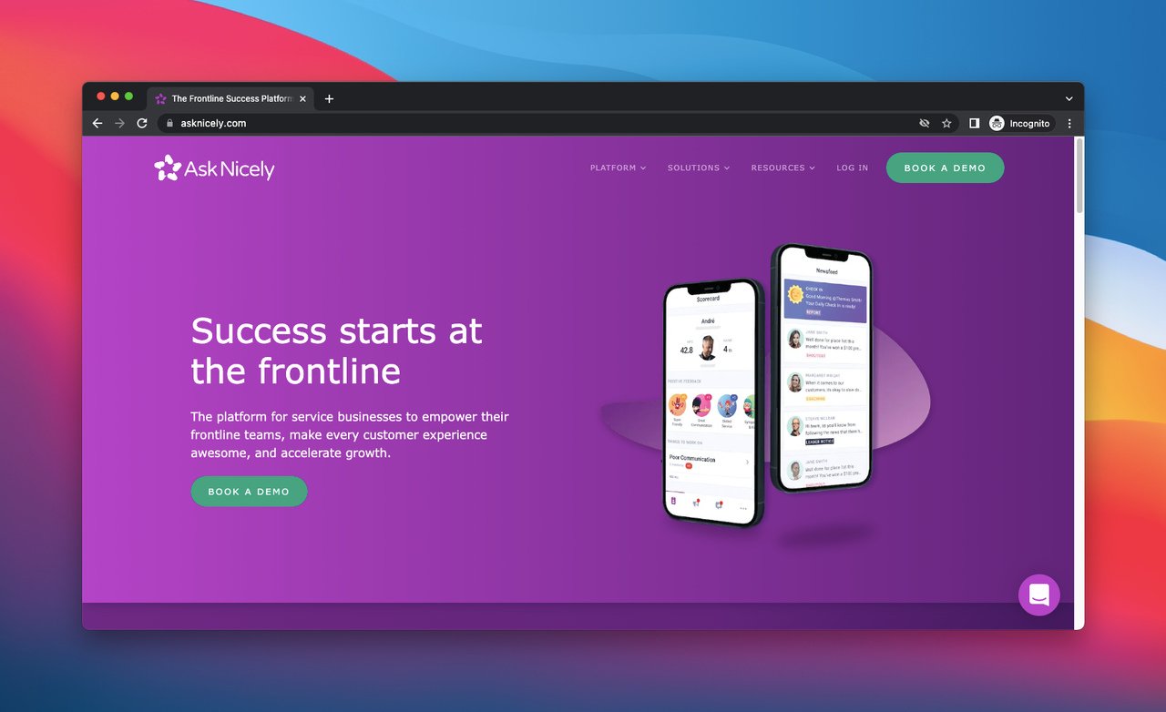 AskNicely ana sayfasının ekran görüntüsü, geri bildirim çözümü sunan bir araç