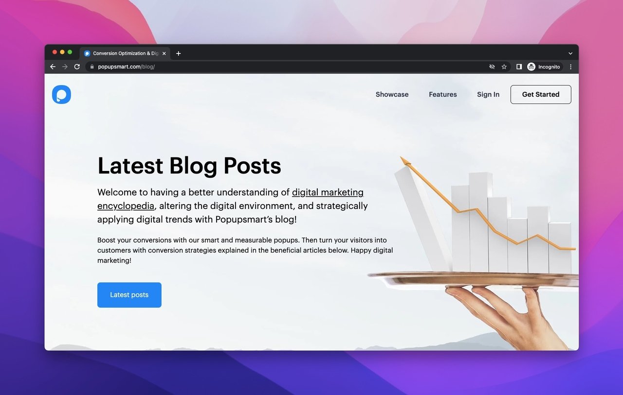 Popupsmart blog sayfası istatistik grafik tutan el ve blogun açıklamasını gösteriyor