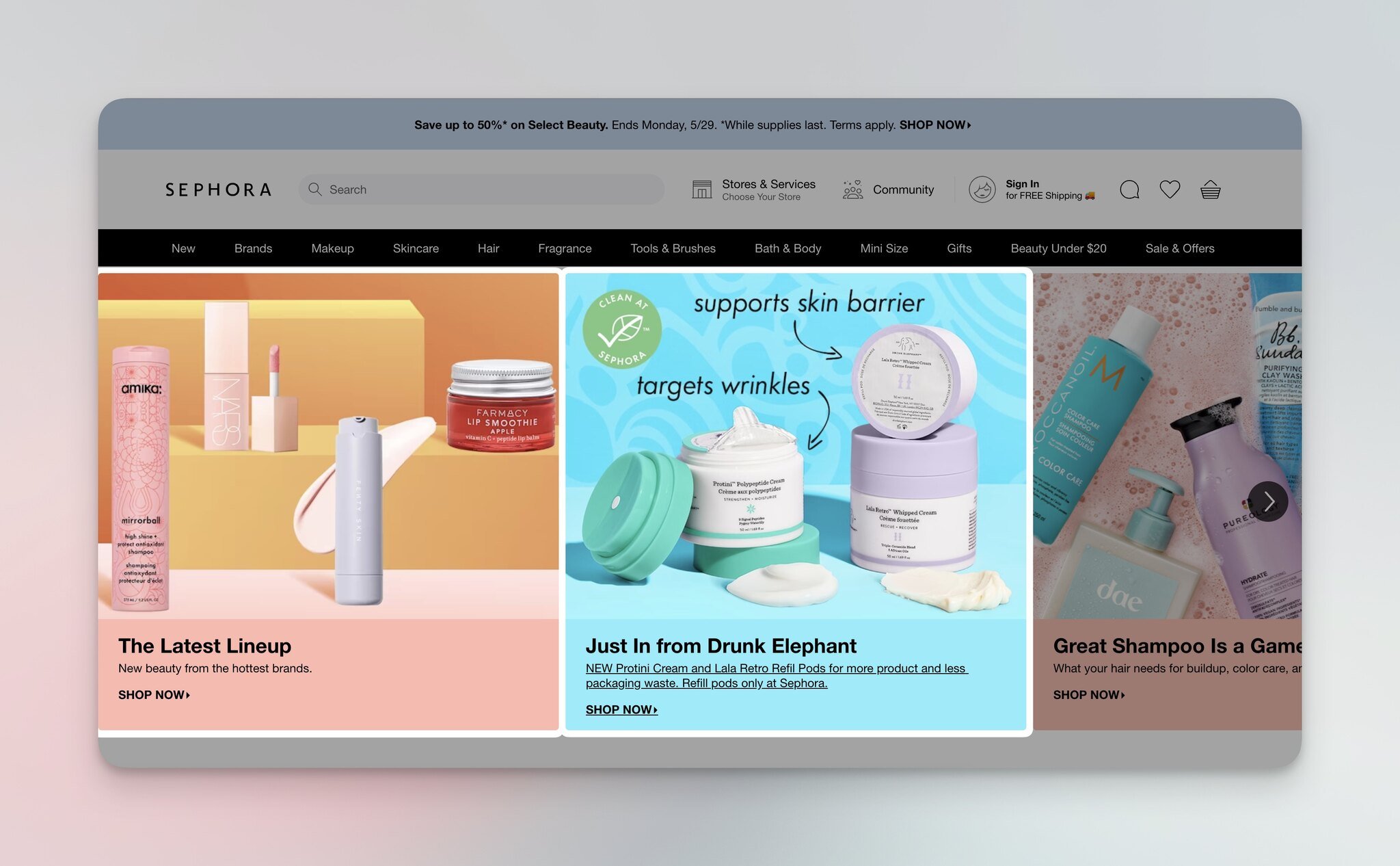 Sephora homepage with personalized product recommendations