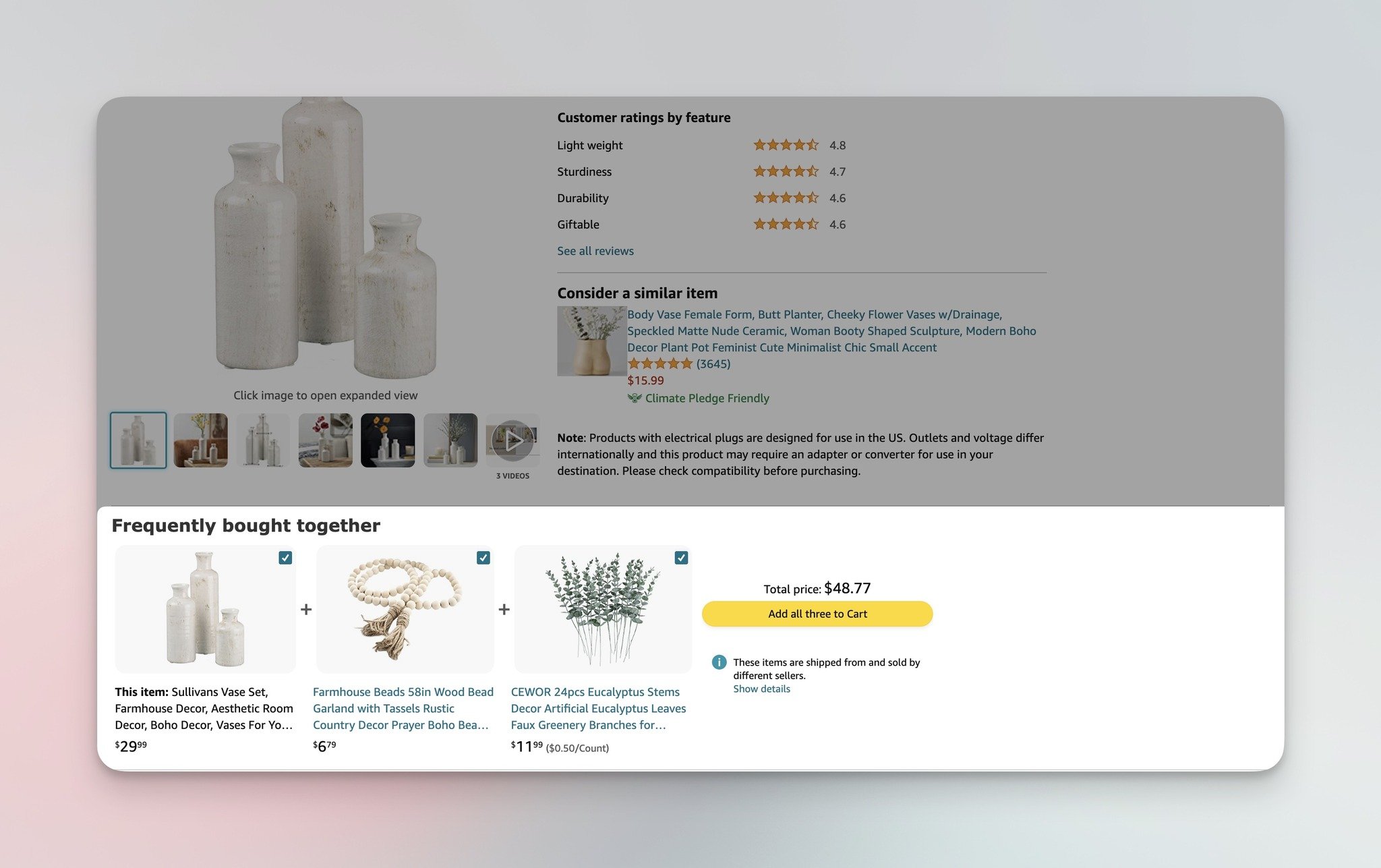 Amazon product page showing 'Frequently bought together' product recommendation widget