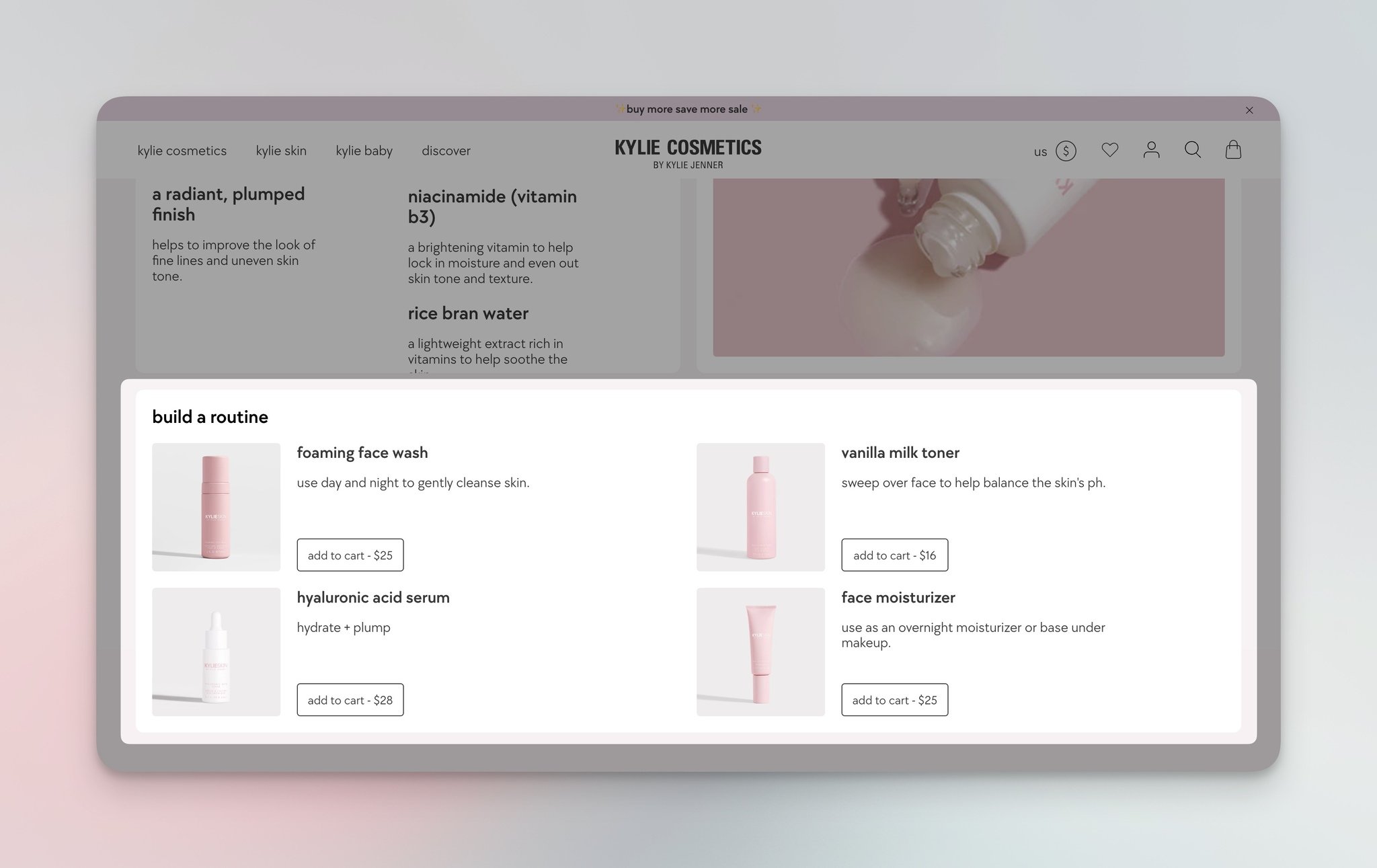 Kylie Cosmetics 'Build a routine' product recommendation flow