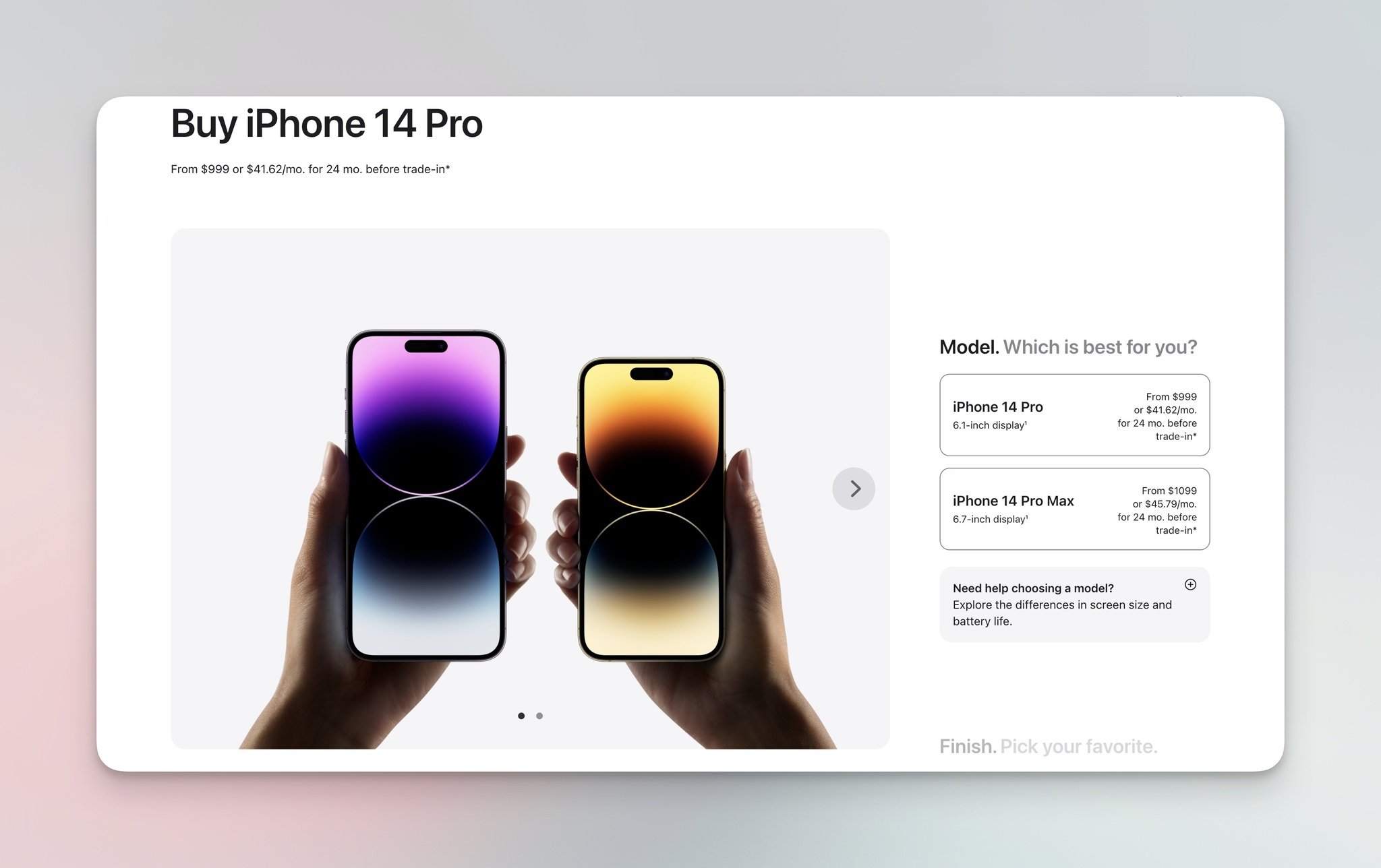 Apple product configurator with size-based recommendations