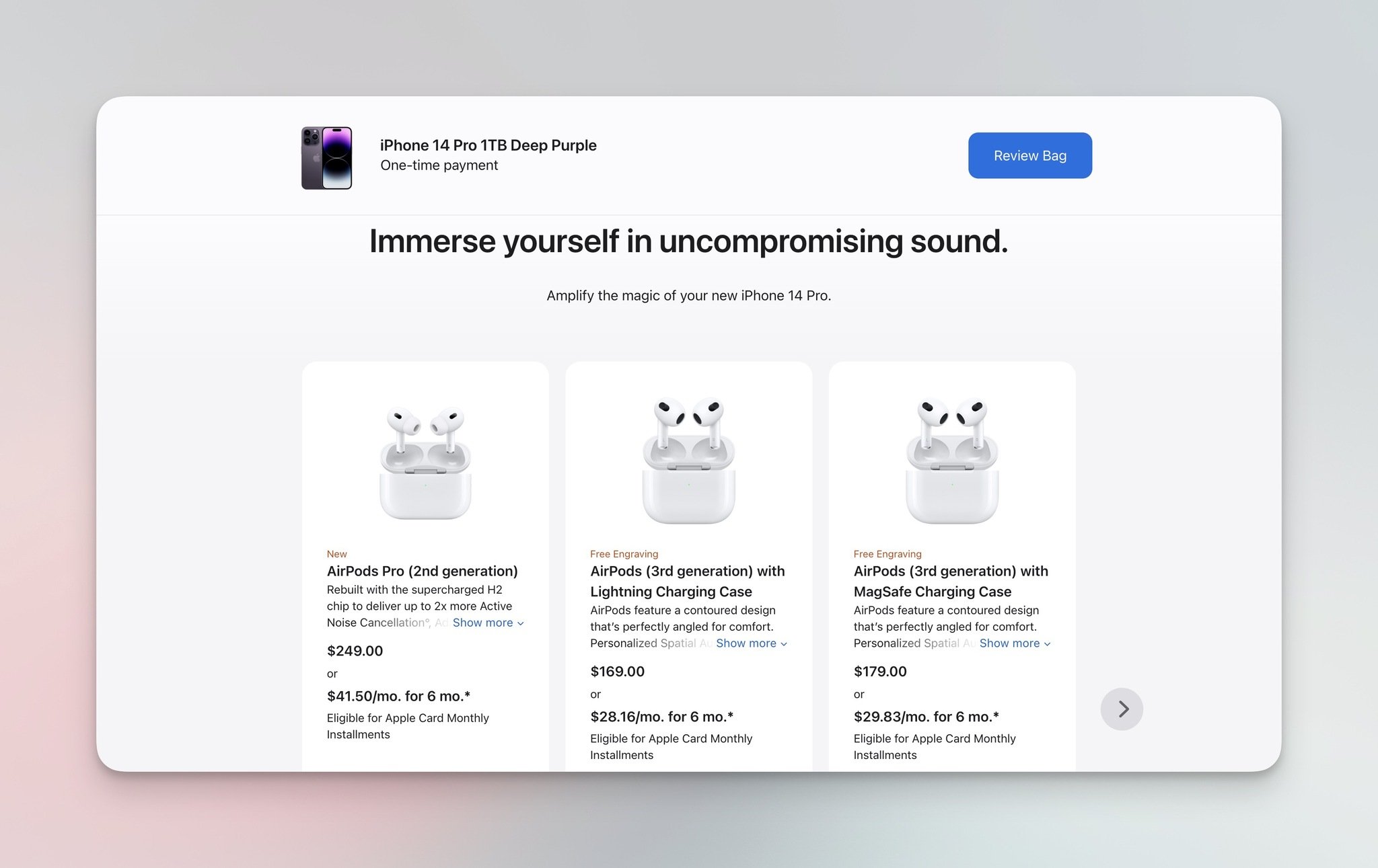 Apple AirPods accessory recommendation on a product page