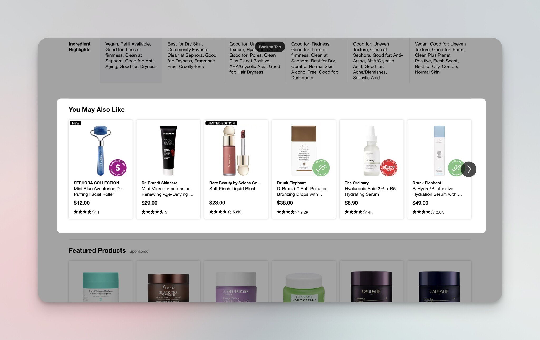 Sephora 'You may also like' product recommendation carousel