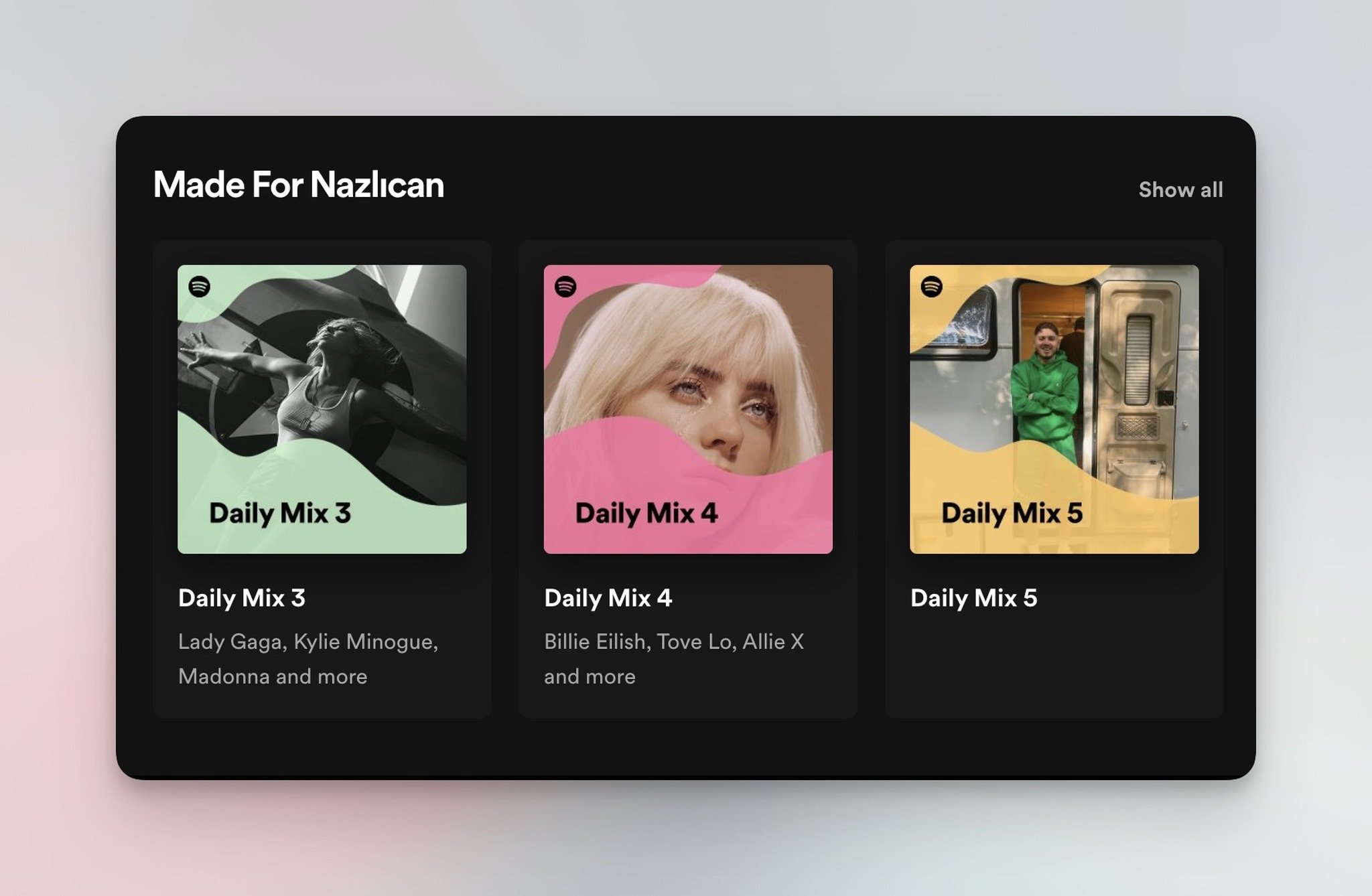 Spotify 'Made for You' personalized music recommendations homepage