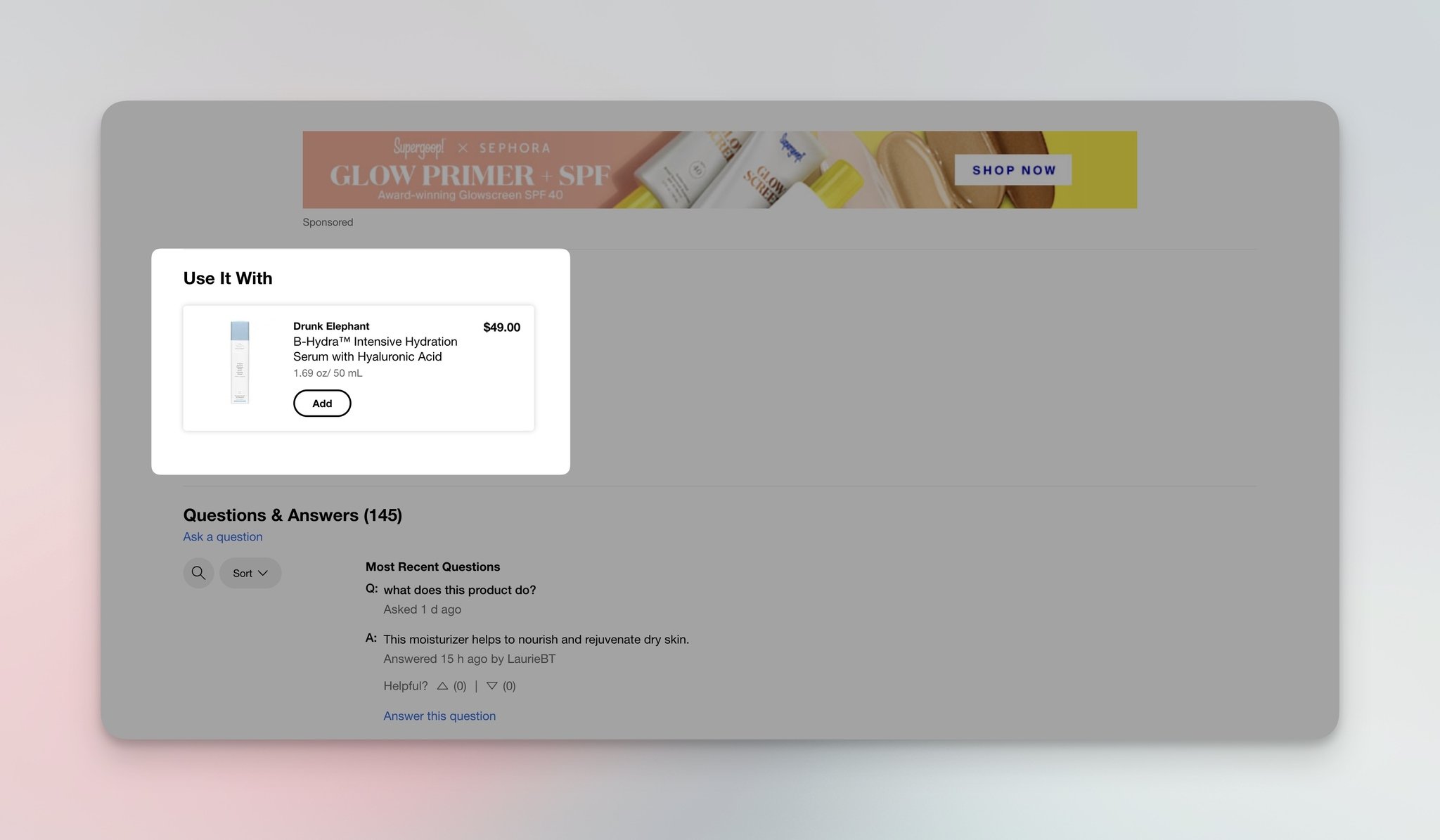Sephora 'Use it with' cross-sell product recommendations