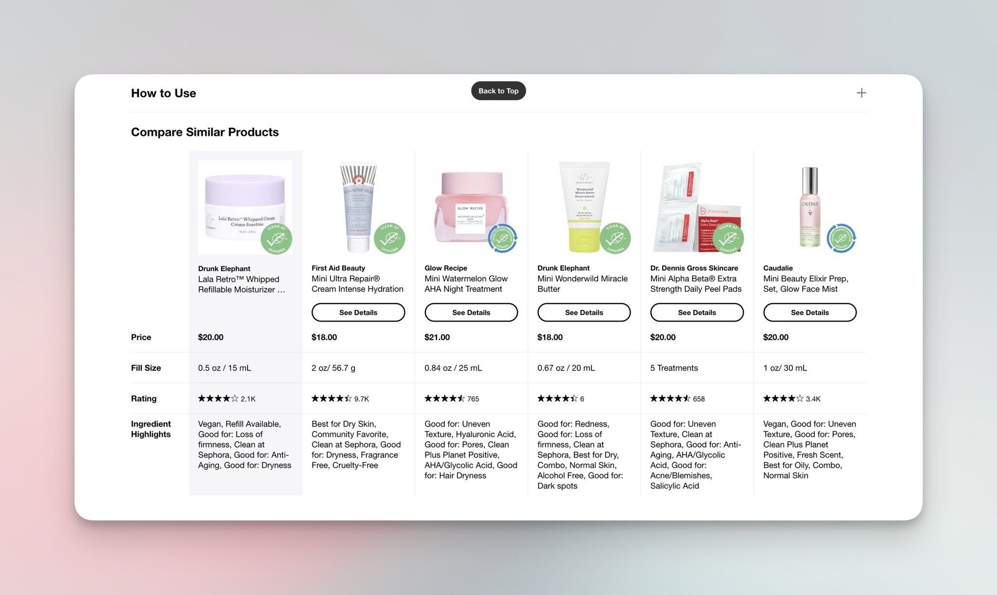 Sephora 'Compare similar products' recommendation block