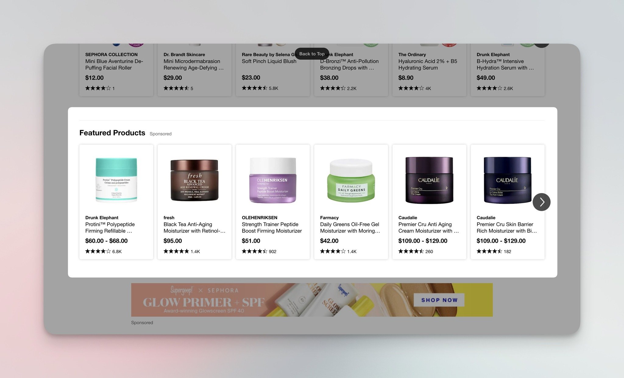 Sephora featured products recommendation section