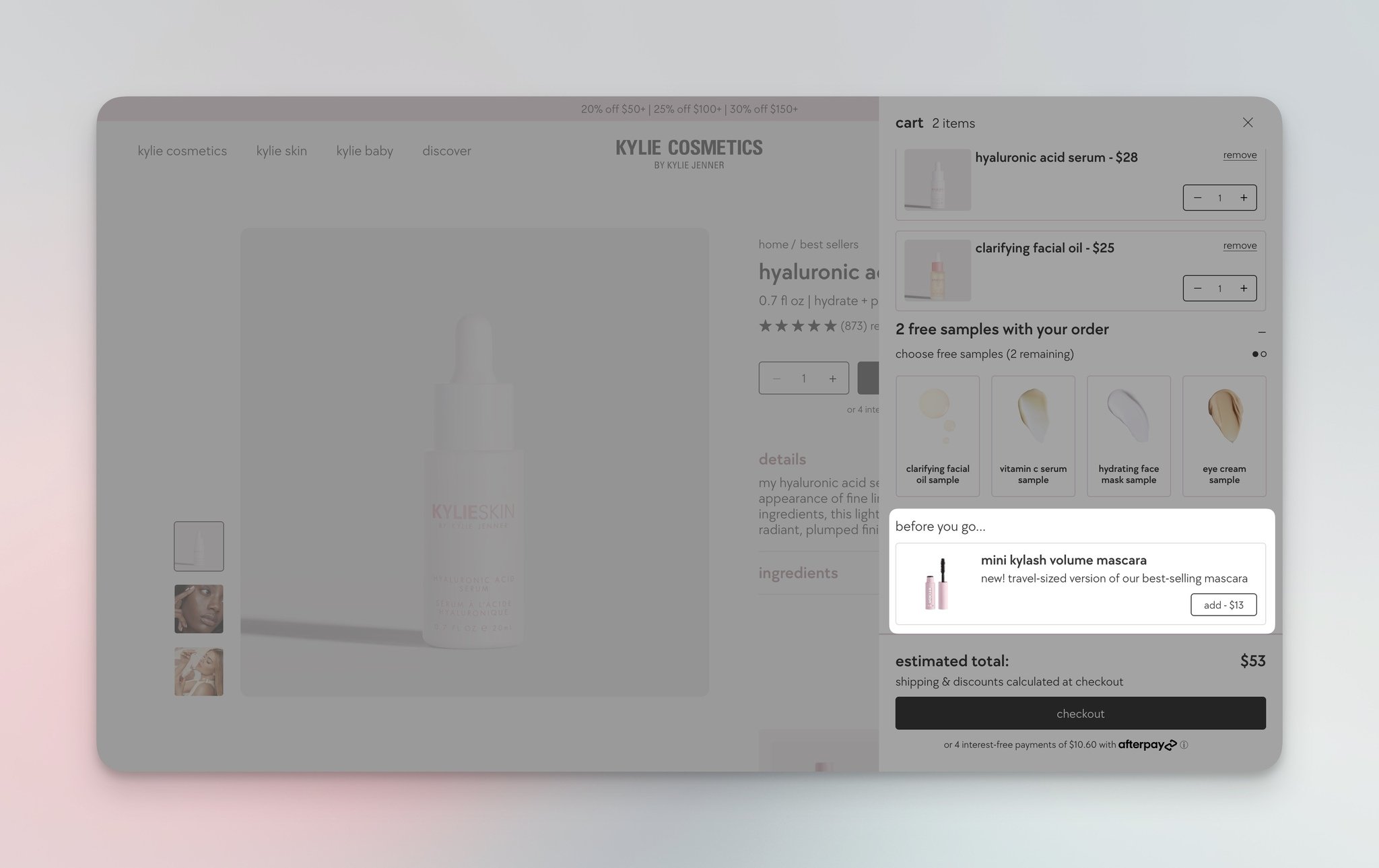Kylie Cosmetics exit-intent 'Before you go' product recommendations