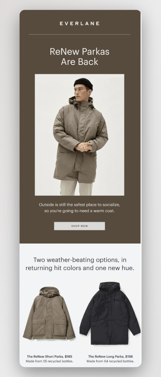 Everlane post-purchase recommendation email highlighting complementary jacket recommendations and brand sustainability mission