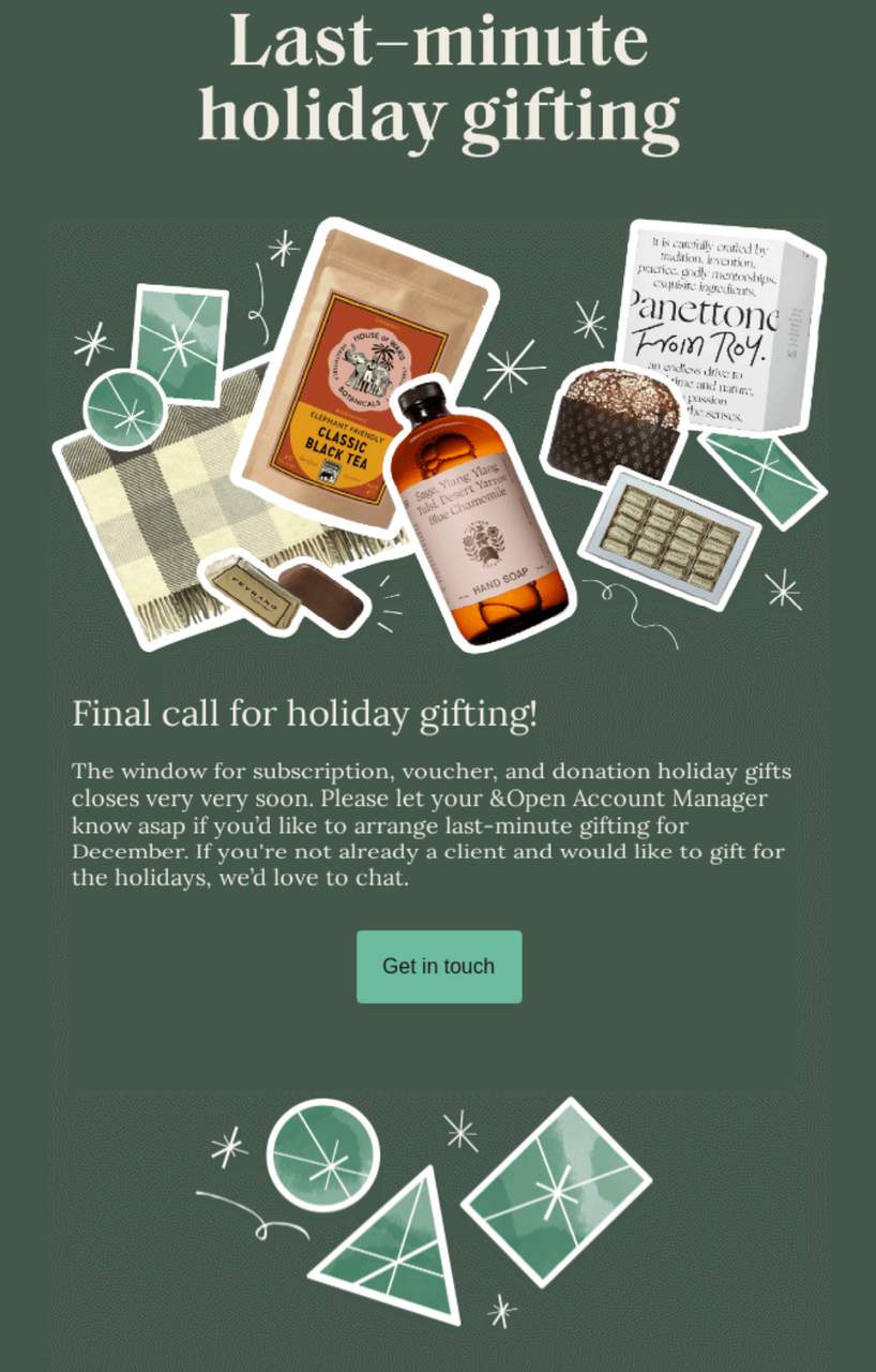 andopen holiday product recommendation email in a green theme offering last-minute gifting picks