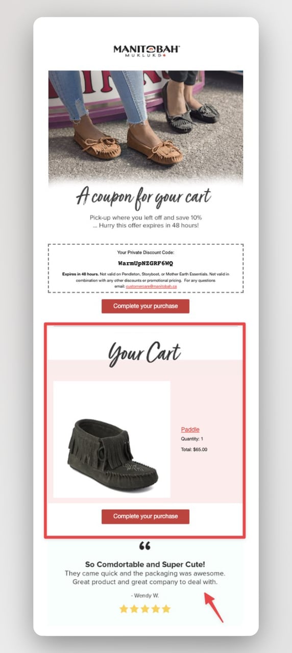 Manitobah cart abandonment recommendation email featuring the abandoned product, related items, and a discount code