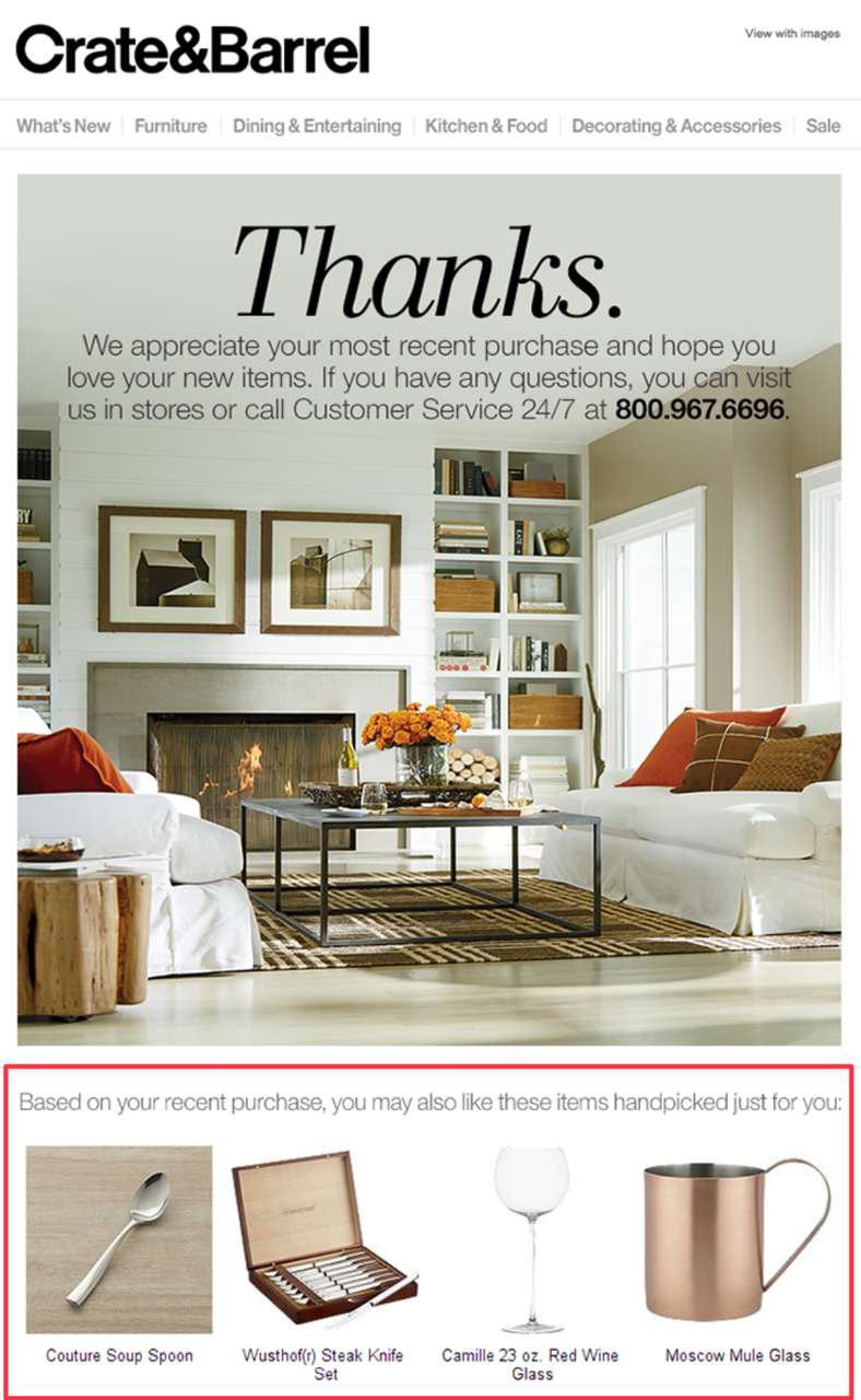Crate and Barrel post-purchase recommendation email showing items that complement the customer's recent kitchen purchase