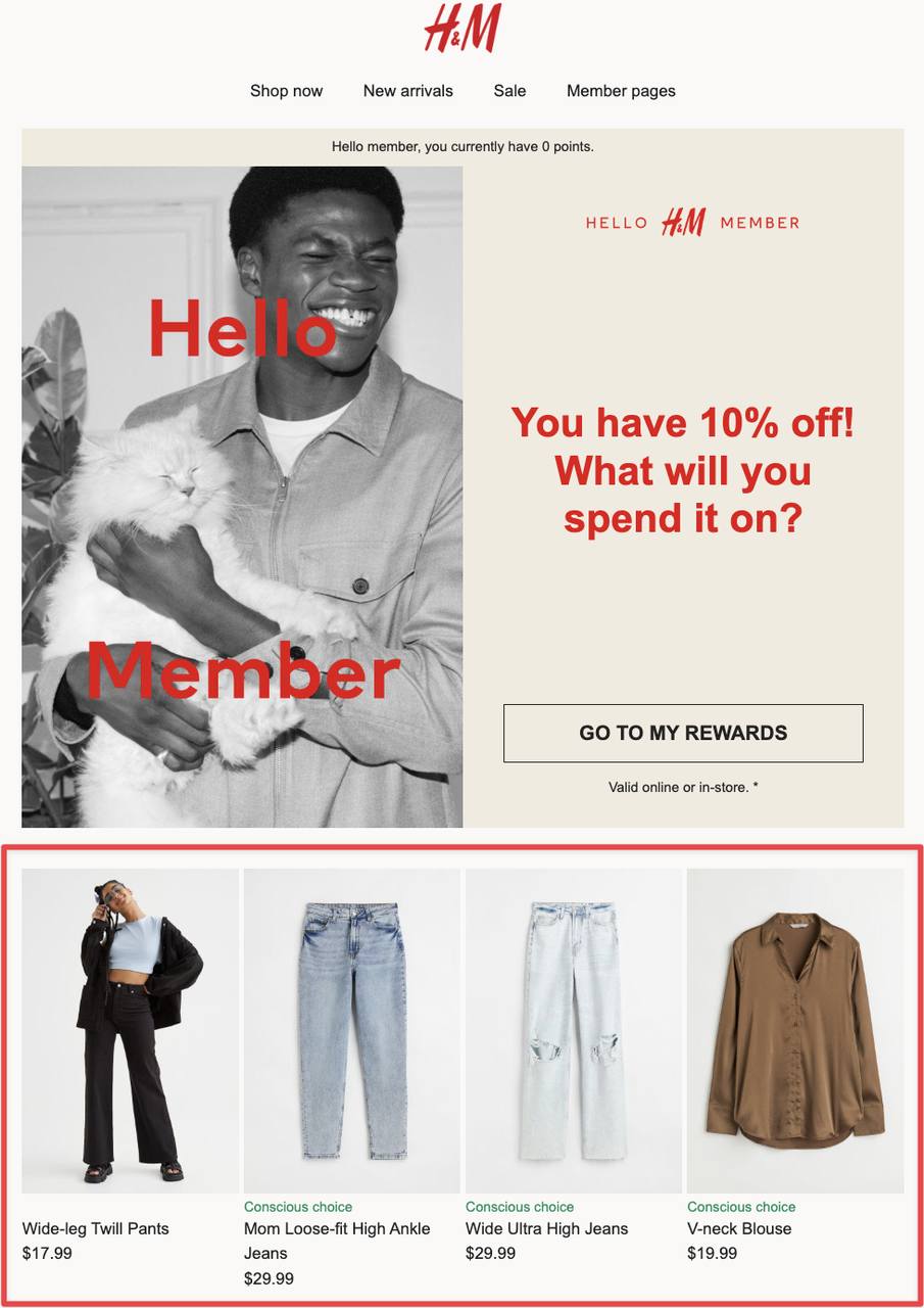 H&M loyalty product recommendation email featuring a member-only 10% discount on top picks