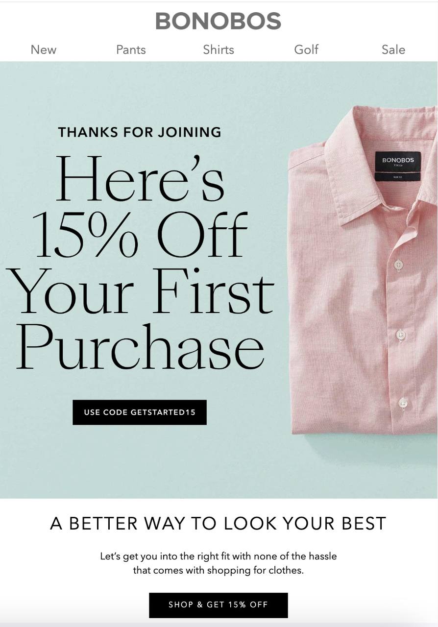 BonoBos welcome email example showing a pink men's shirt with a 15% first-purchase discount offer