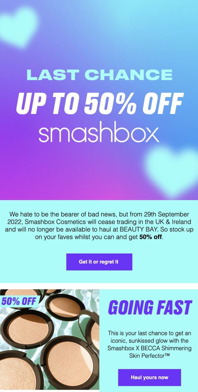 Beauty Bay discount product recommendation email featuring a single 50% off product with a time-limited window