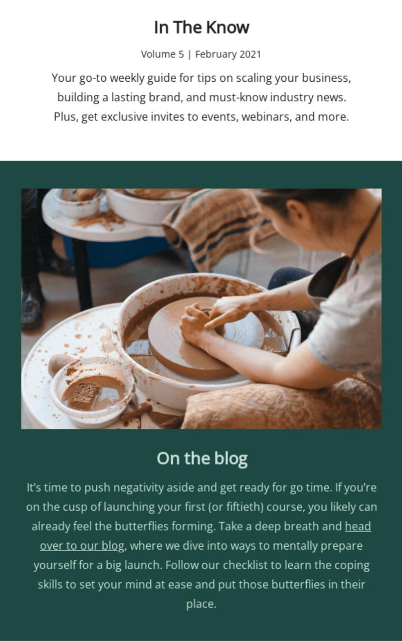 Teachable newsletter email leading with helpful blog content for course creators