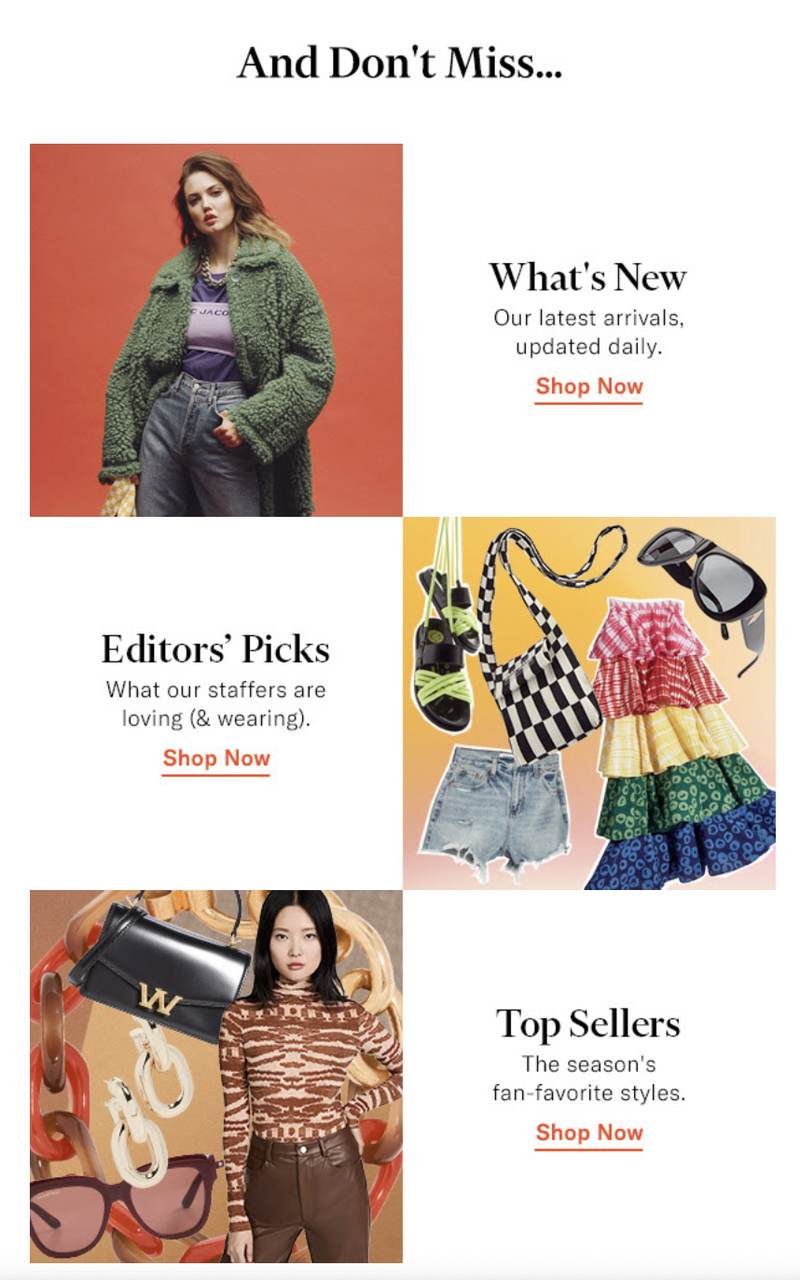 Category-based recommendation email layout showing products grouped under multiple distinct categories
