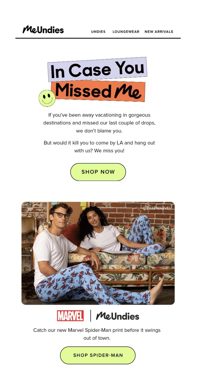 MeUndies new arrival email featuring a couple in a recently launched Spider-Man print pyjama set