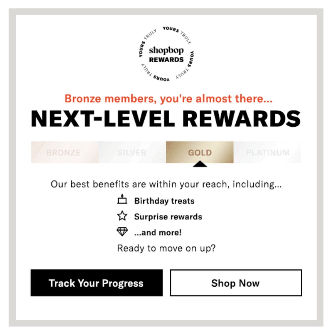 Shopbop loyalty program email outlining member tier benefits and exclusive product access