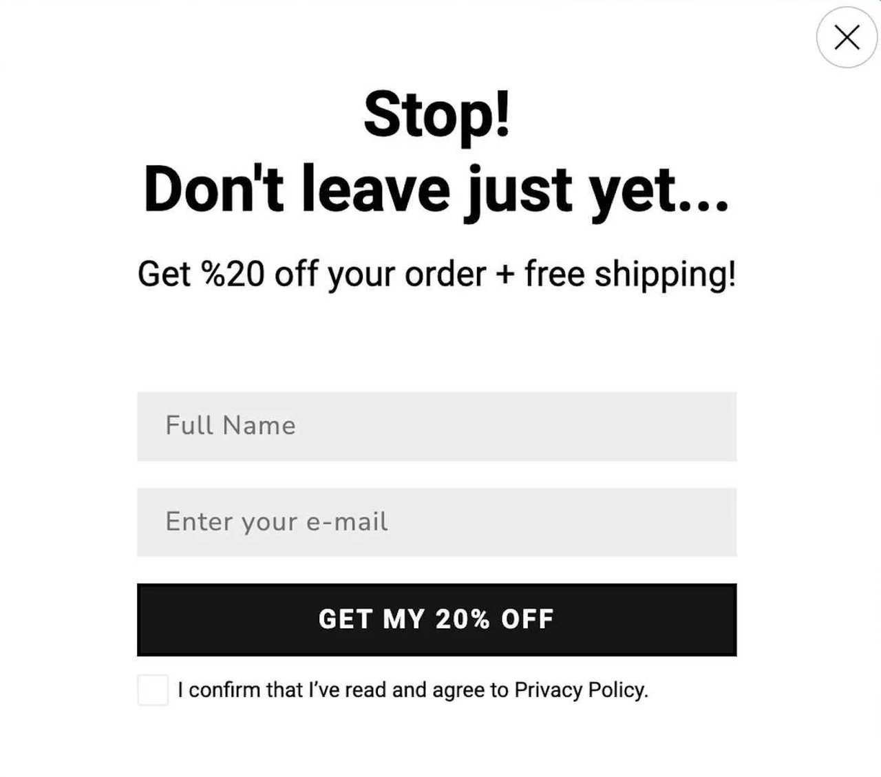 Popupsmart cart abandonment popup example asking for the visitor's email and full name before they exit the cart page