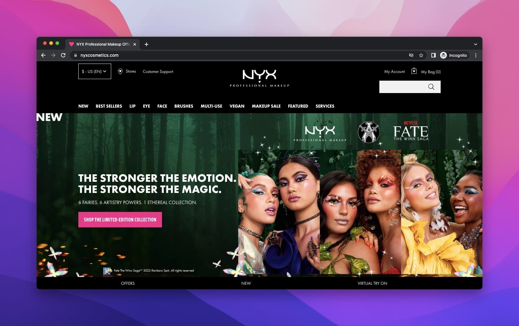 NYX Cosmetics above-the-fold product headline featuring Fate: The Winx Saga collaboration with six models wearing colorful makeup