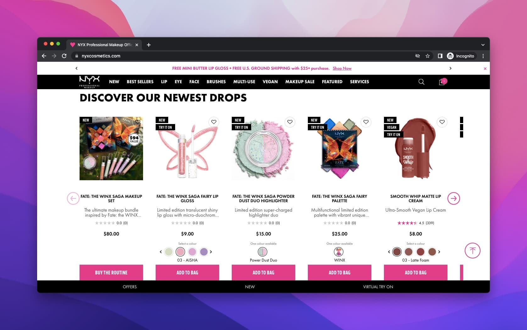 NYX product grid showing individual items with concise promotional product headlines and CTA buttons