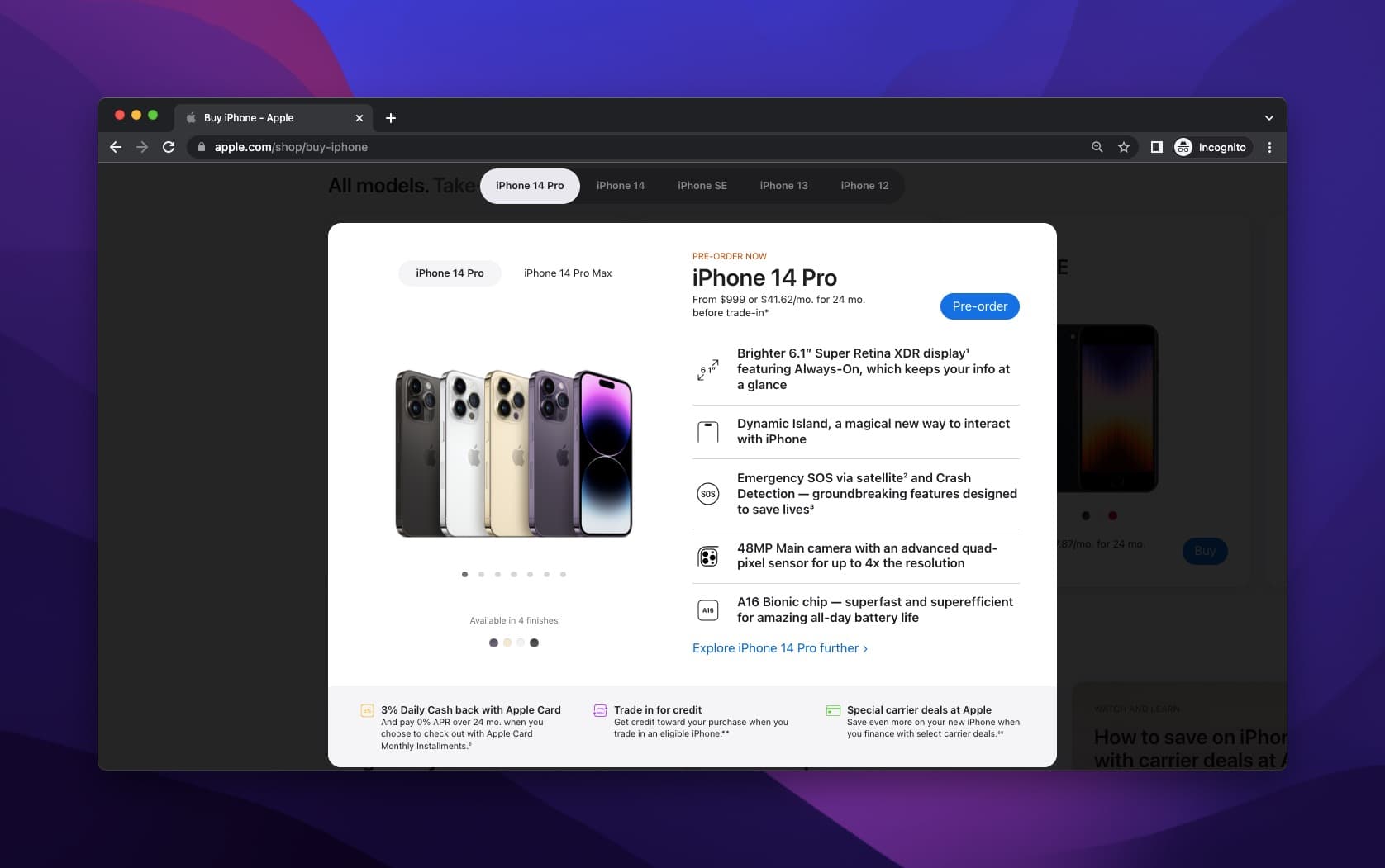Apple iPhone 14 Pro pre-order page showing color options, pricing, and size details as product headline elements