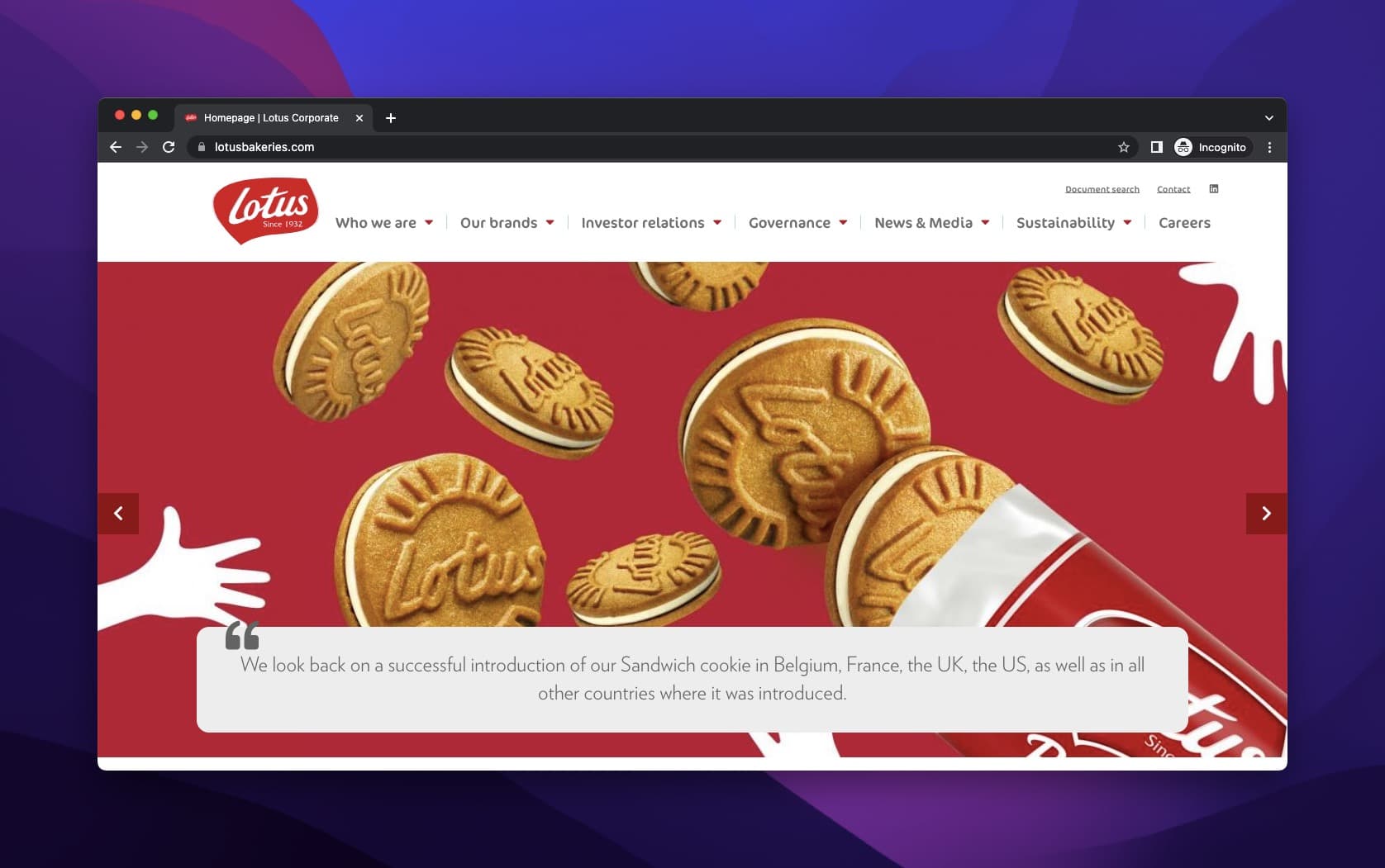 Lotus Bakeries homepage with biscuits displayed on a red background emphasizing brand heritage