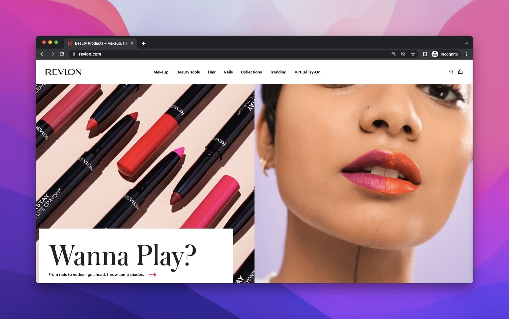 Revlon lip crayon promotion with Wanna Play headline and a model wearing bright colored lipstick