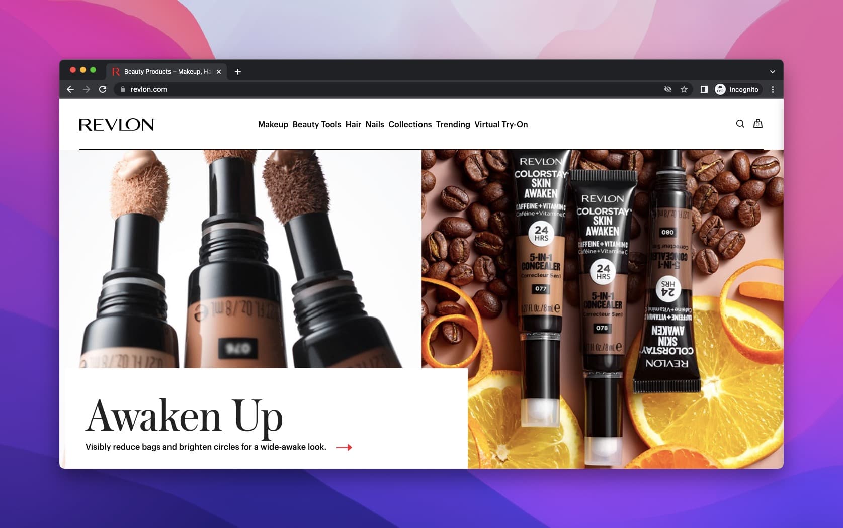 Revlon concealer product headline reading Awaken Up on above-the-fold page with product image