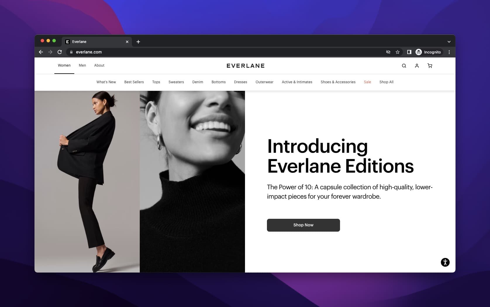 Everlane homepage product headline in black and white tones promoting a new clothing collection