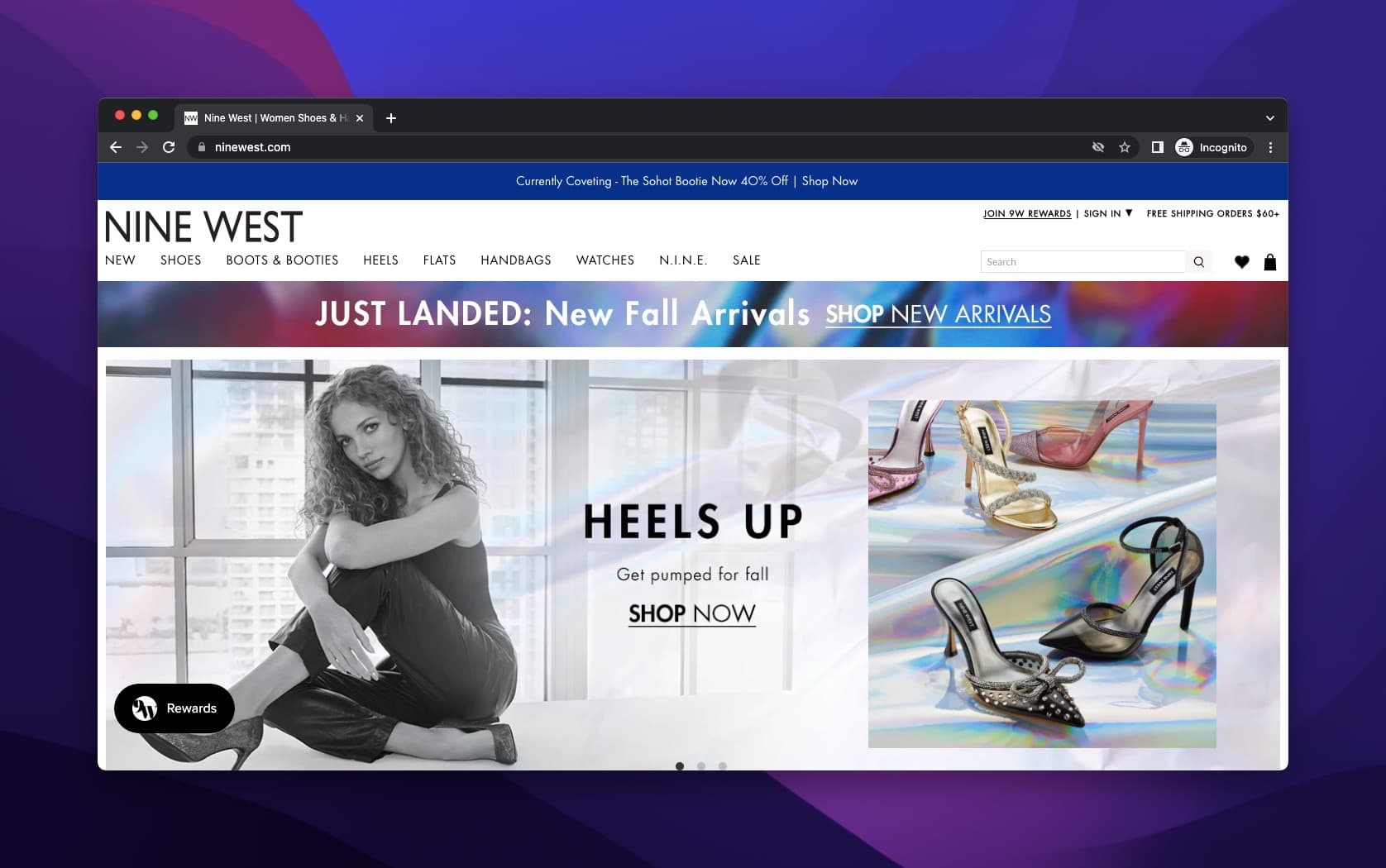 Nine West Heels Up product headline with model wearing high heels and Shop Now CTA button