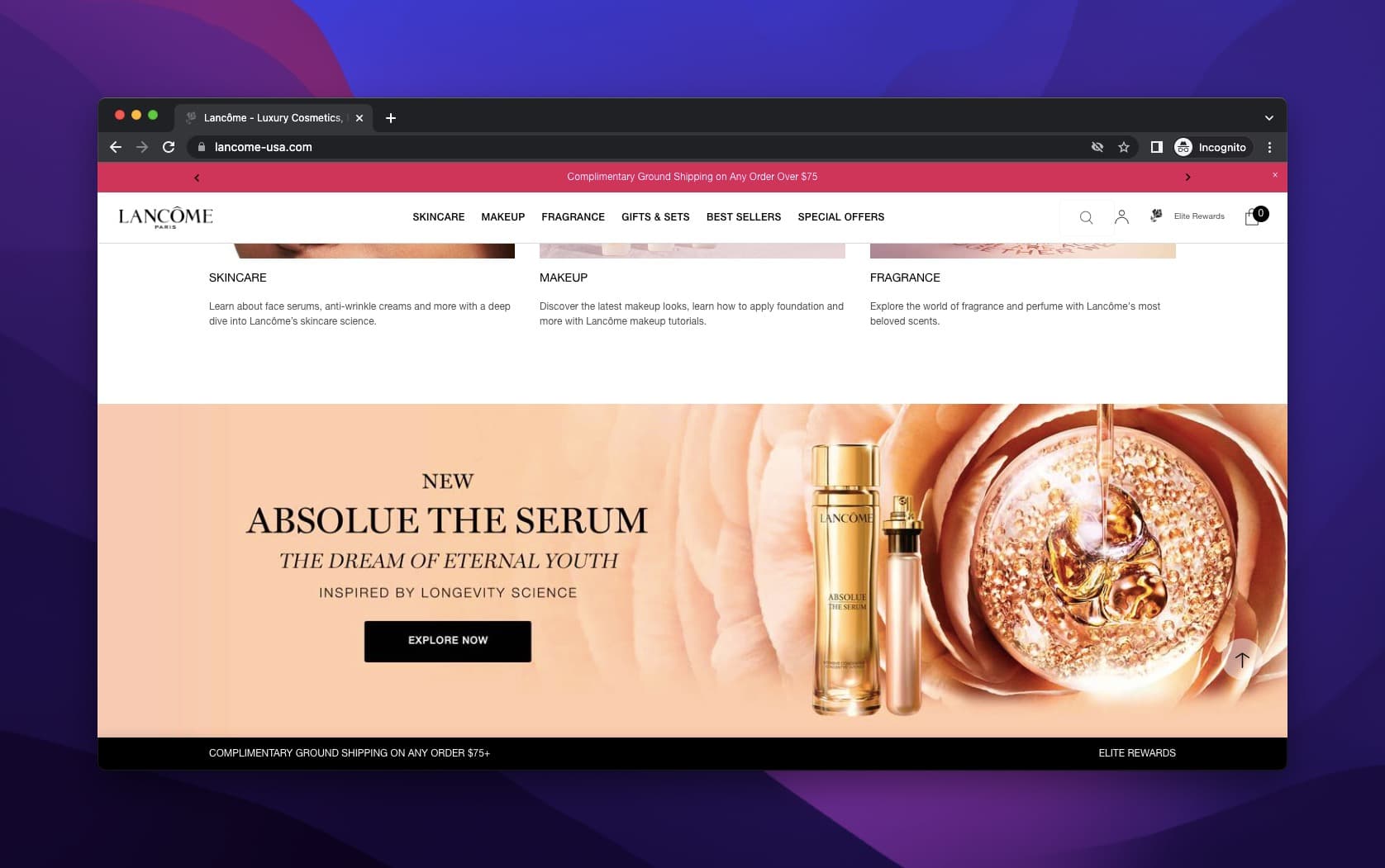Lancome serum and cream promotion on gold shiny background with strong product headline text