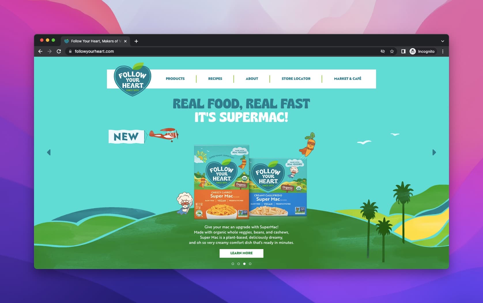 Follow Your Heart vegan food brand above-the-fold with animated product image and Supermac product headline