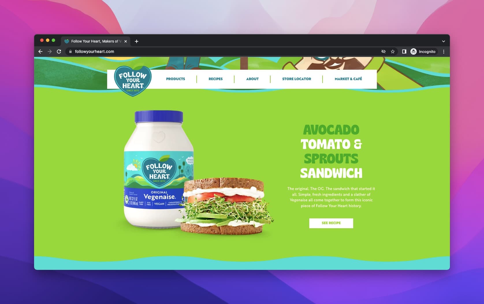 Follow Your Heart vegan product on green background with usage examples and recipe CTA