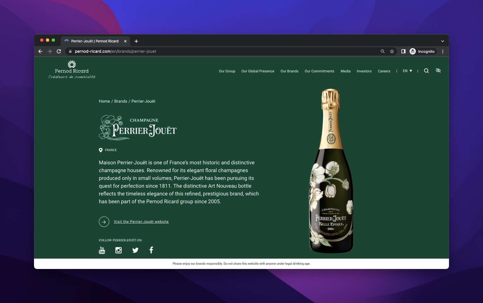 Perrier-Jouet champagne bottle on dark green background with origin details and heritage headline