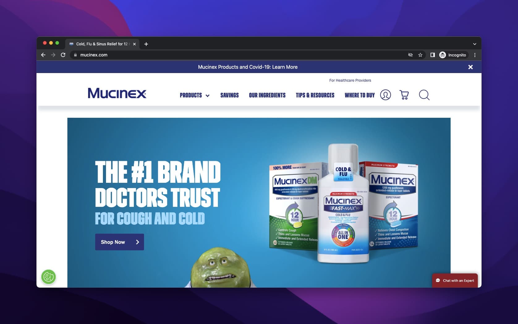 Mucinex product headline with animated green mucus character alongside product image and doctor endorsement