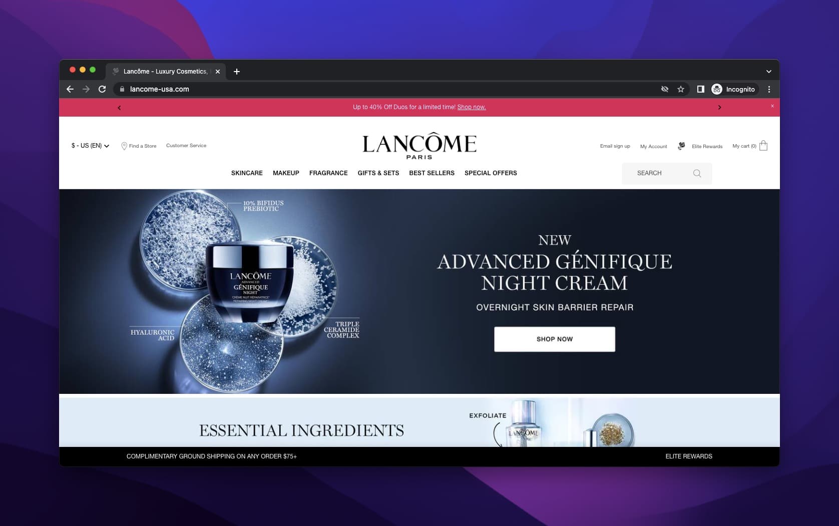Lancome anti-aging cream product headline on dark background with elegant typography and CTA button