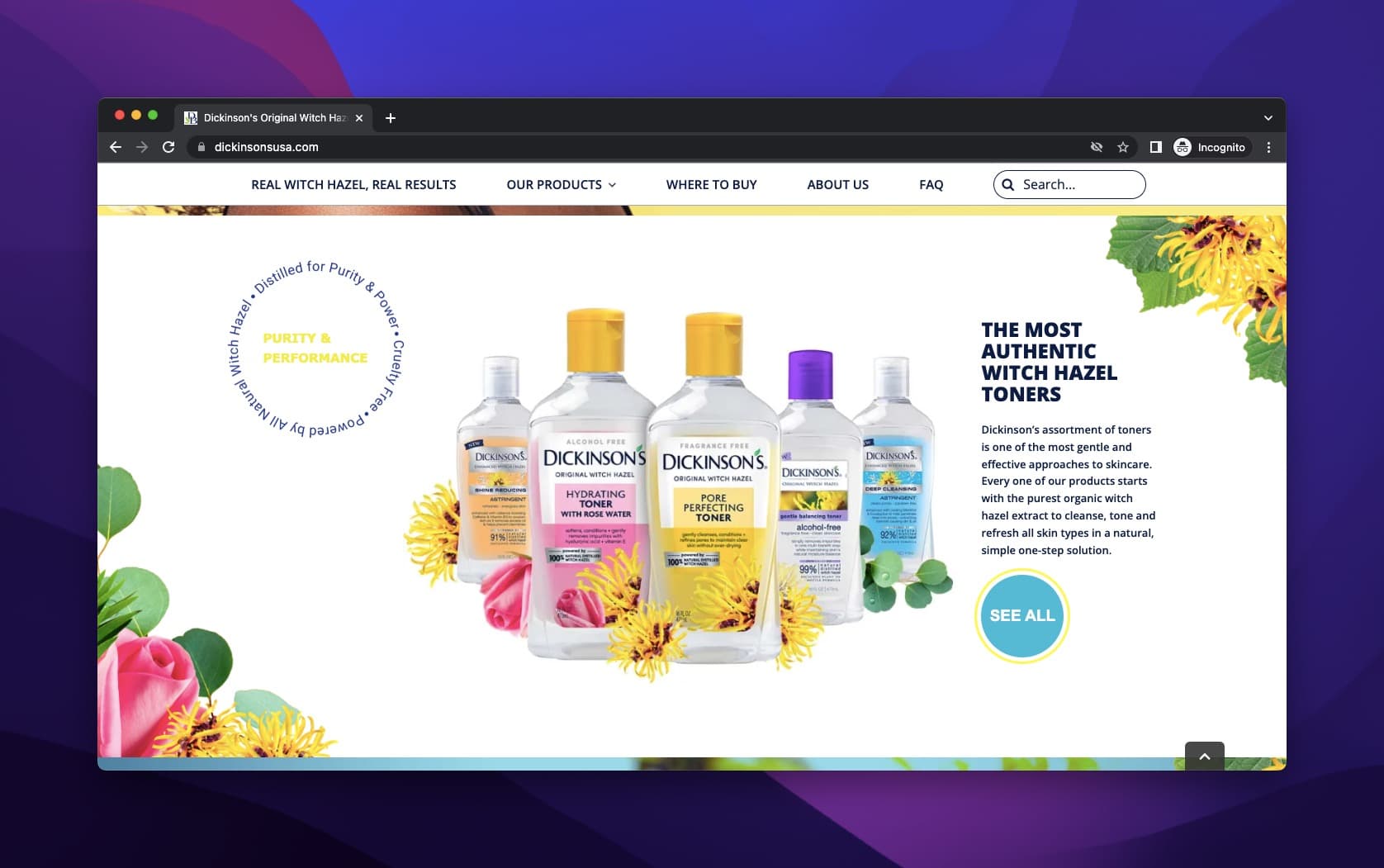 Dickinson's witch hazel toner product lineup with animated feature circle highlighting key ingredients