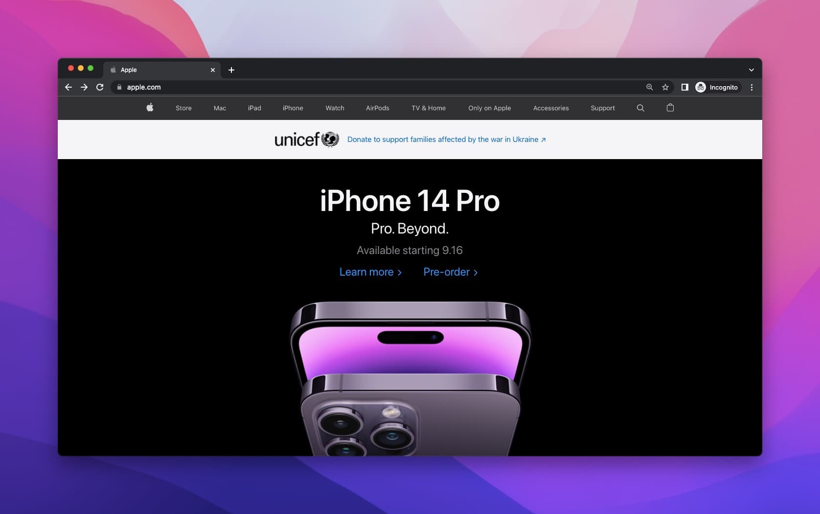Apple iPhone 14 Pro product headline on a black background with minimal text and product image