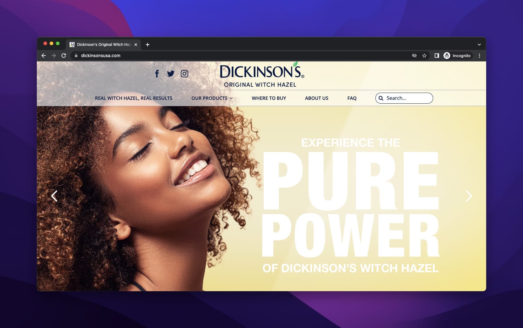Dickinson's skincare product headline with woman smiling on yellow background and large pure solution tagline