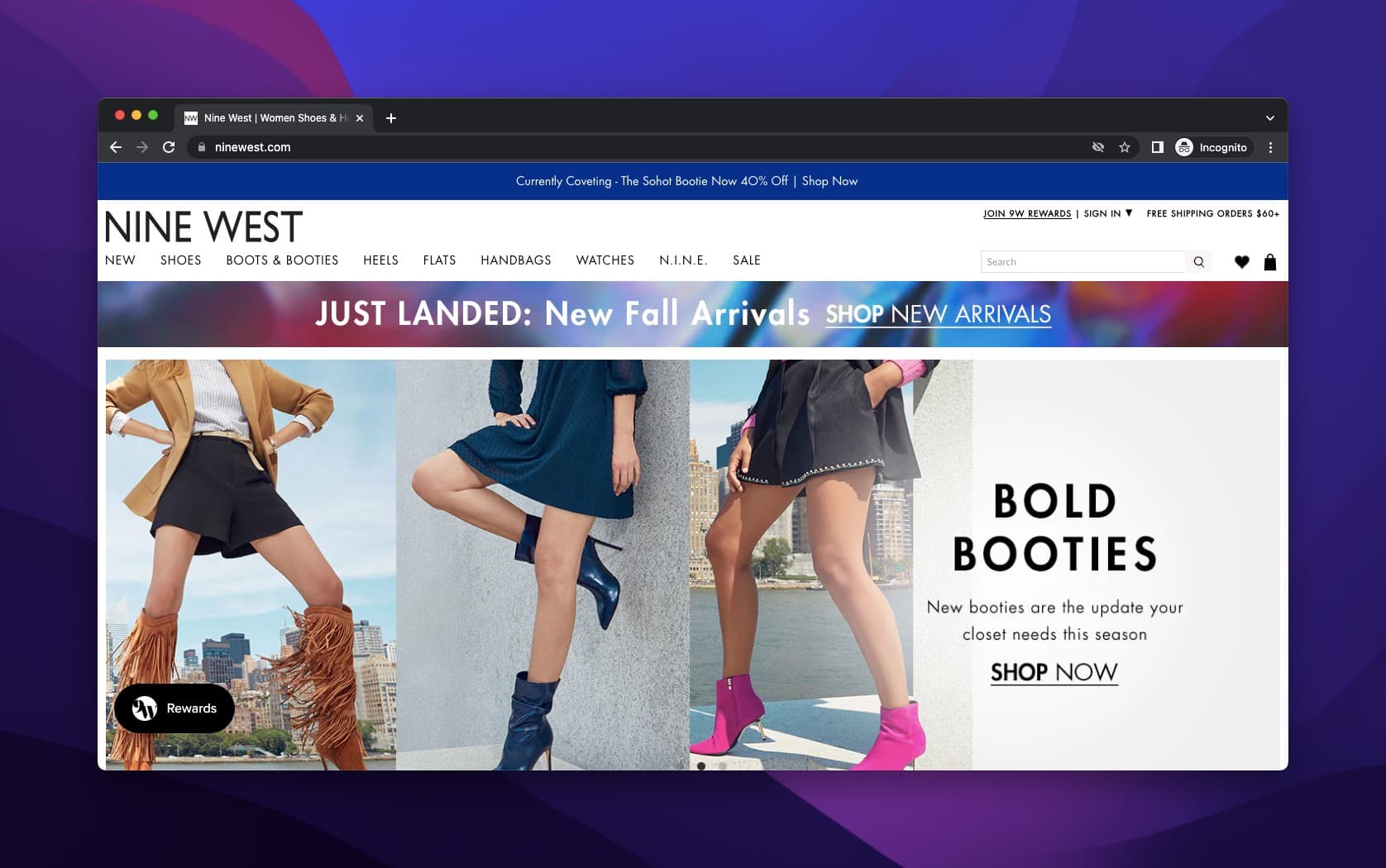 Nine West Bold Booties fall season promotion on above-the-fold section with product headline