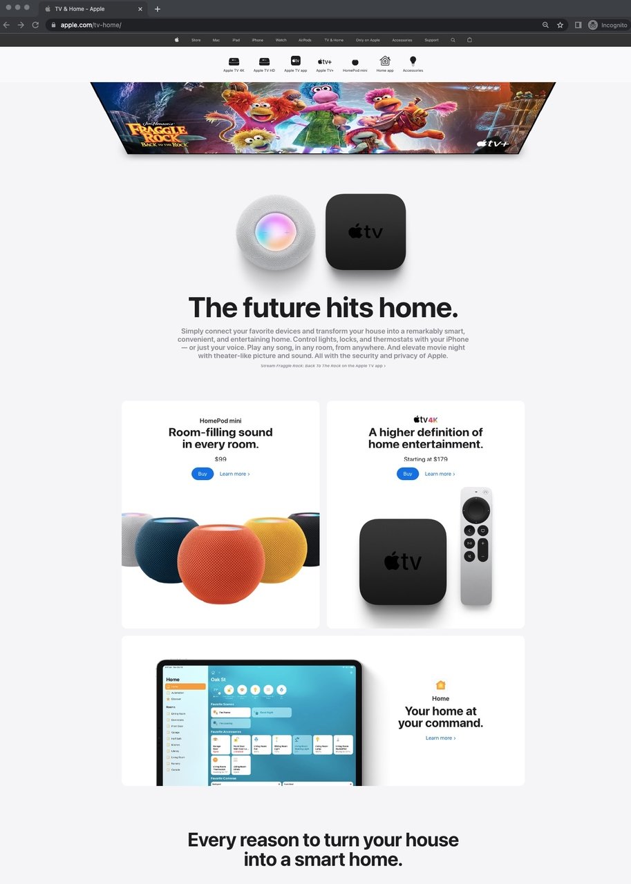 Apple TV and Home presell page featuring a large Apple TV display and descriptions of Apple home products