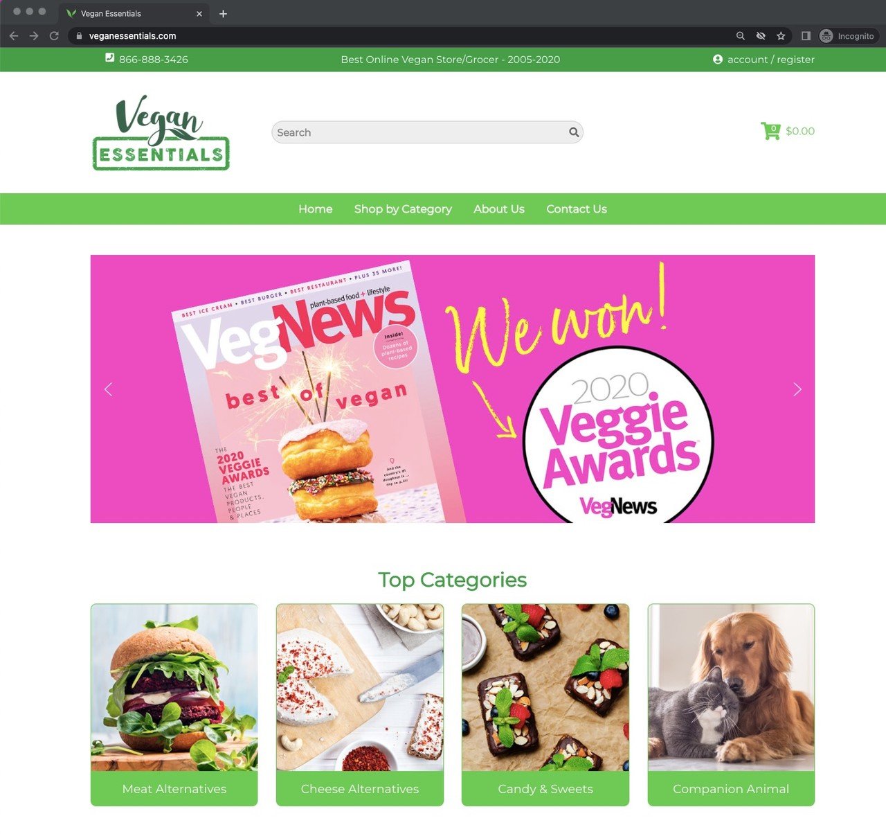 Vegan Essentials presell page showing award-winning badge and top product categories