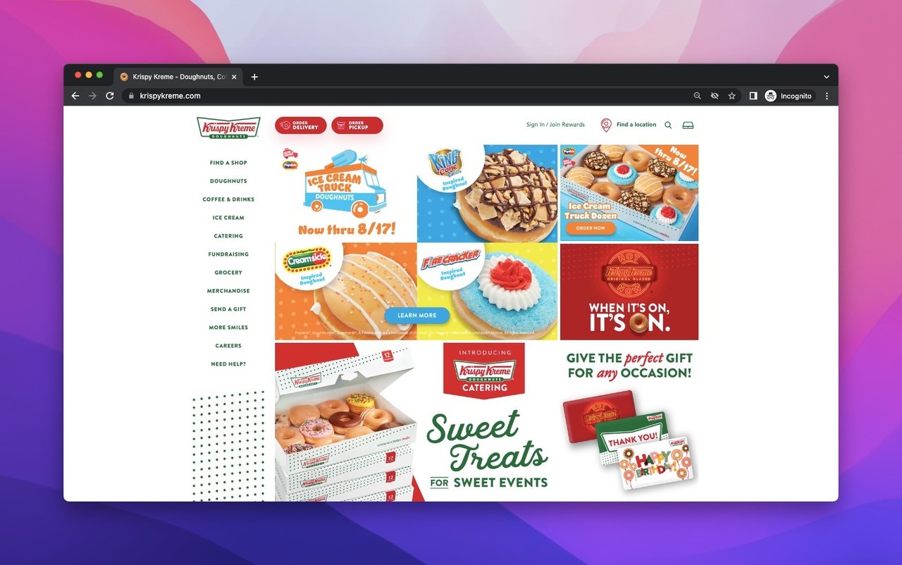 Krispy Kreme presell page showing doughnut varieties and promotional campaign sections