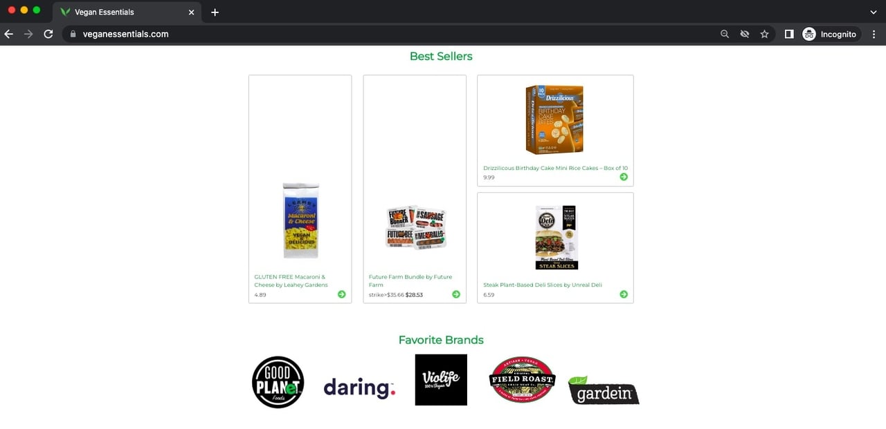 Vegan Essentials presell page showing popular products and partner brand logos