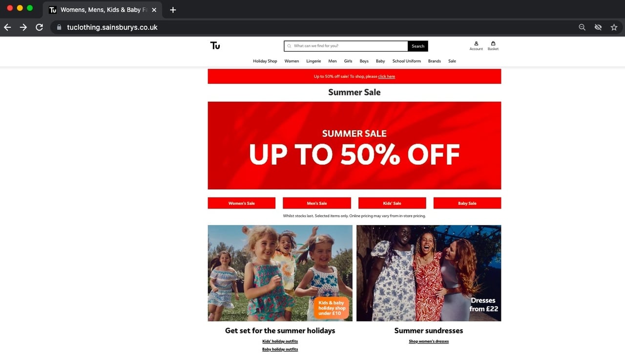 Tu Clothing presell showing sale with a red banner and categorized product sections